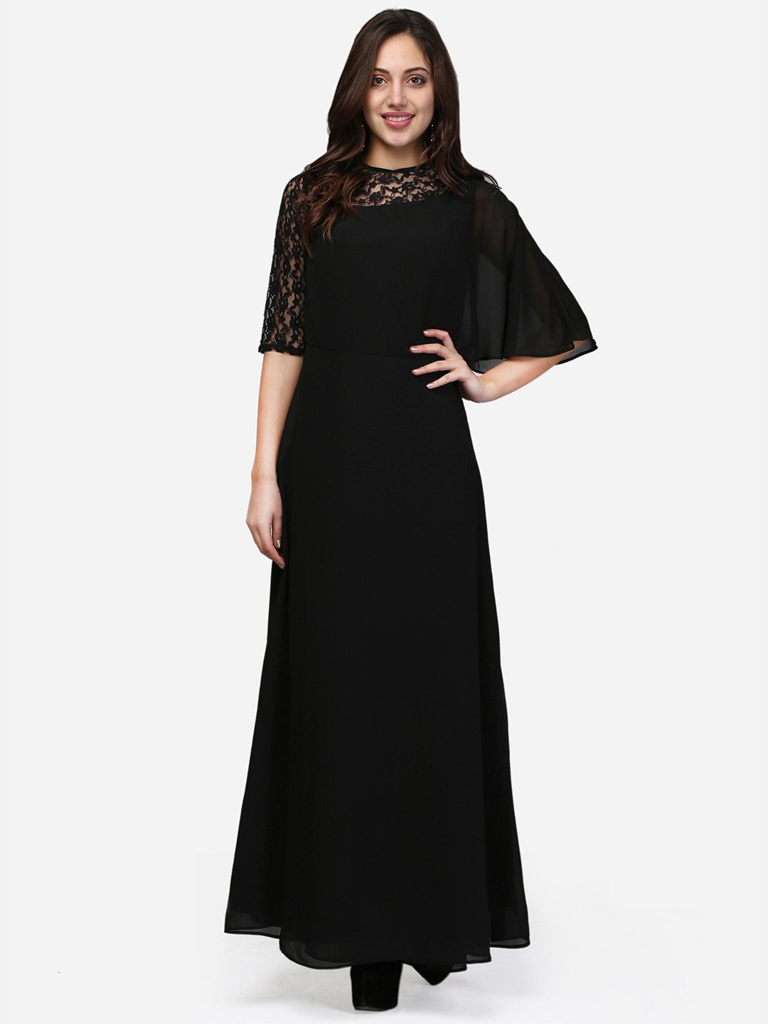 V&M Solid Flared Cape Sleeves Maxi Long Gown Dress