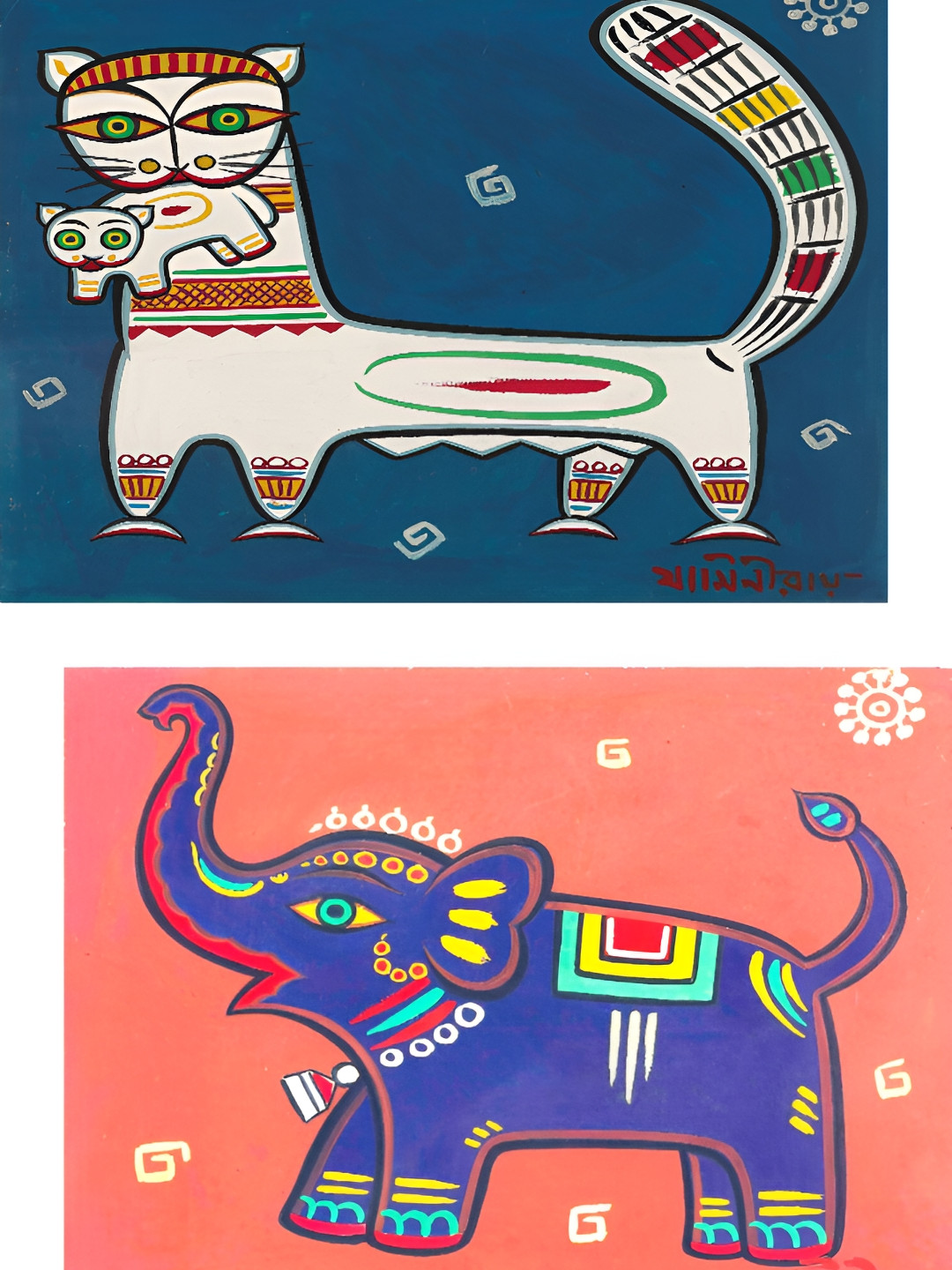 Adventures India Cat and Kitten & The Elephant Wood 2 Piece Paintings Wall Art-15 x 20 In