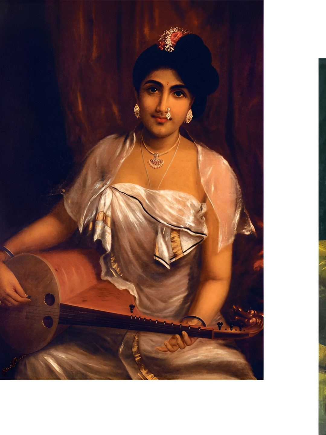 Adventures India Beige & White Women with Veena & Violin Wooden Painting Wall Art