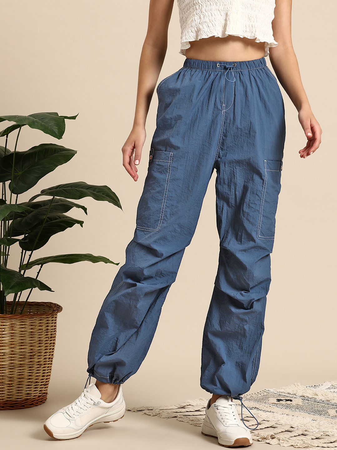 Mast & Harbour Women Contrast Stitch Jogger Style Cargos Trousers