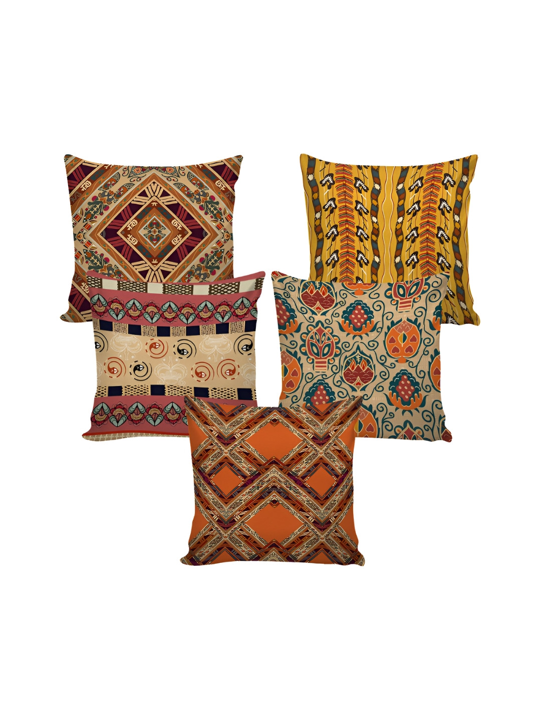 Aura Brown & Tan 5 Pieces Digital Printed Square Cushion Covers