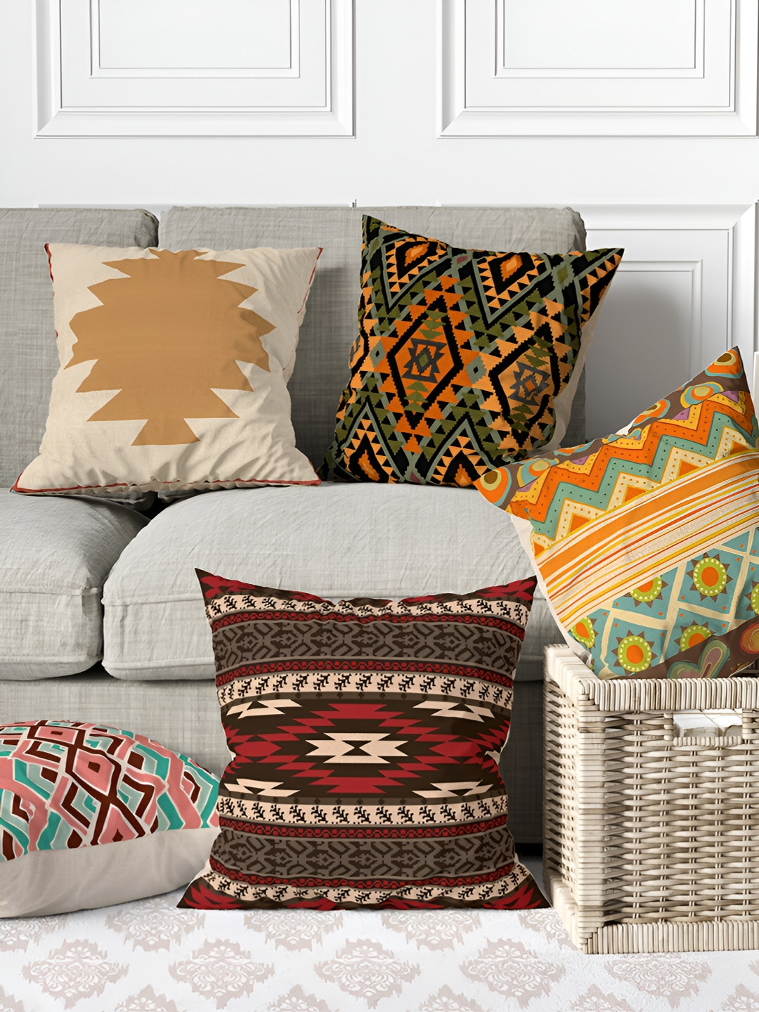 Aura Brown & Orange 5 Pieces Digital Printed Square Cushion Covers