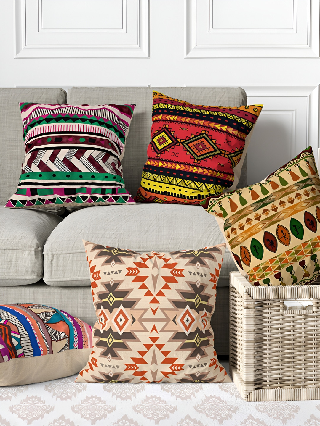 Aura Off White Abstract Jute Canvas 5 Pcs Patchwork Square Cushion Covers -15.7x15.7In