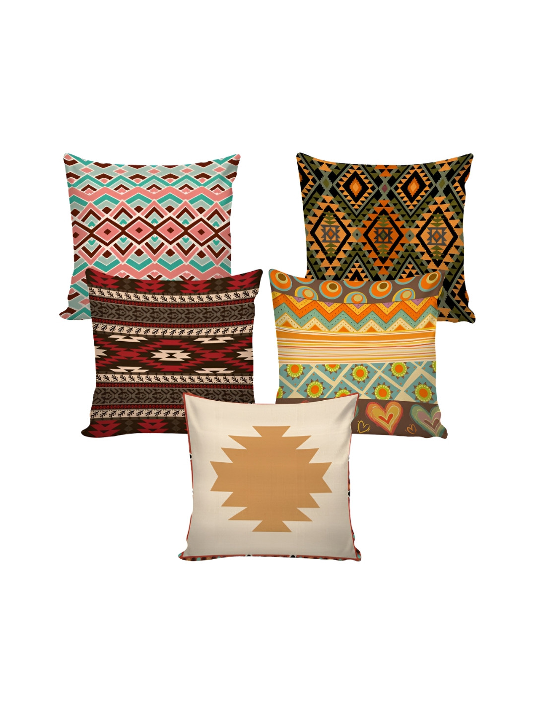 Aura Green & Brown 5 Pieces Geometric Printed Square Cushion Covers
