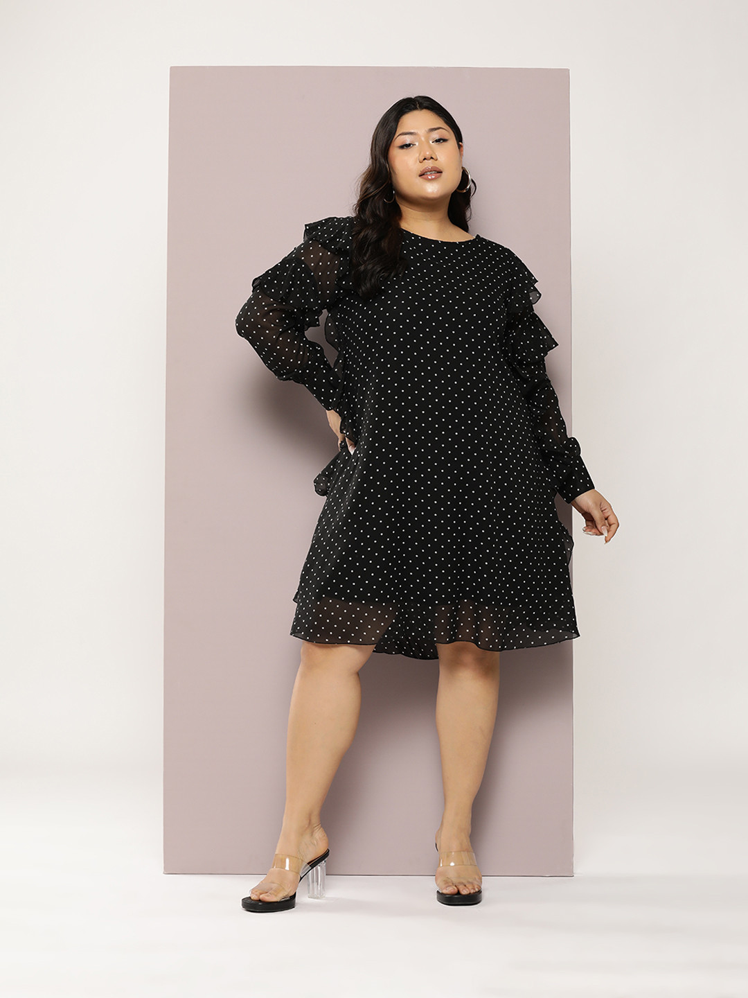 Qurvii+ Plus Size Polka Dot Print Ruffled Georgette A-Line Dress