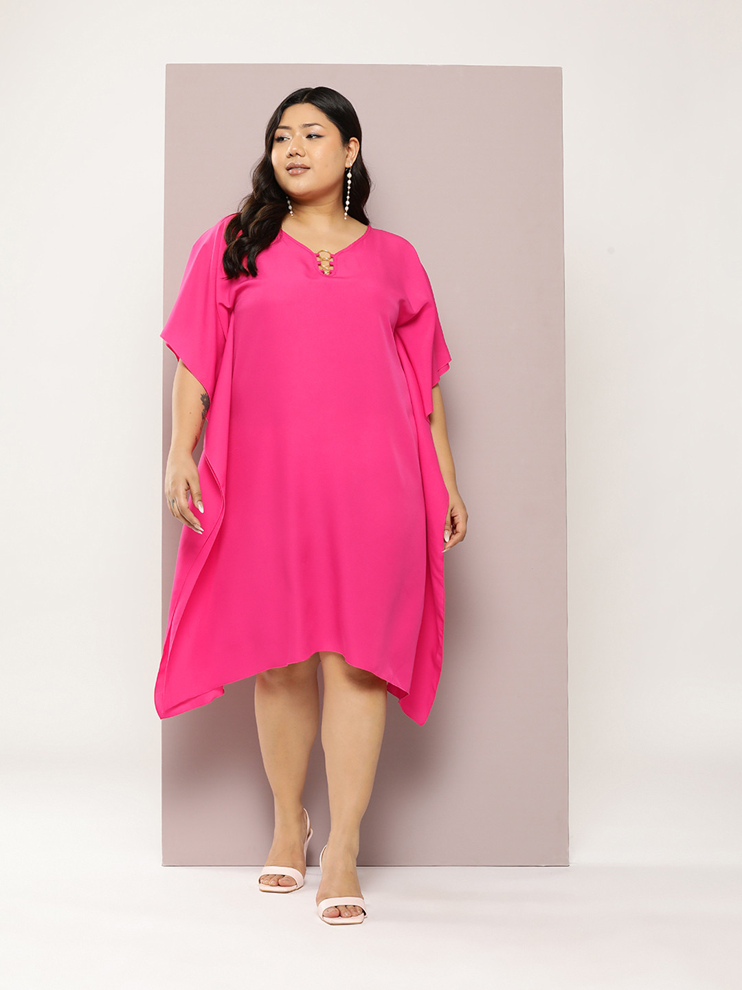 Qurvii+ Plus Size Kimono Sleeves Crepe Kaftan Dress
