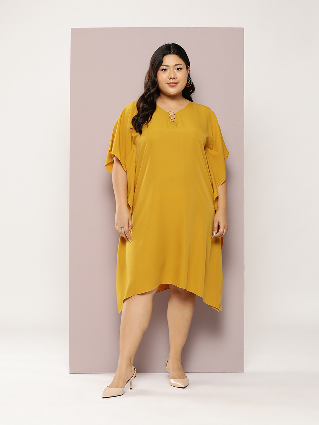 Qurvii+ Plus Size Kimono Sleeves Crepe Kaftan Dress