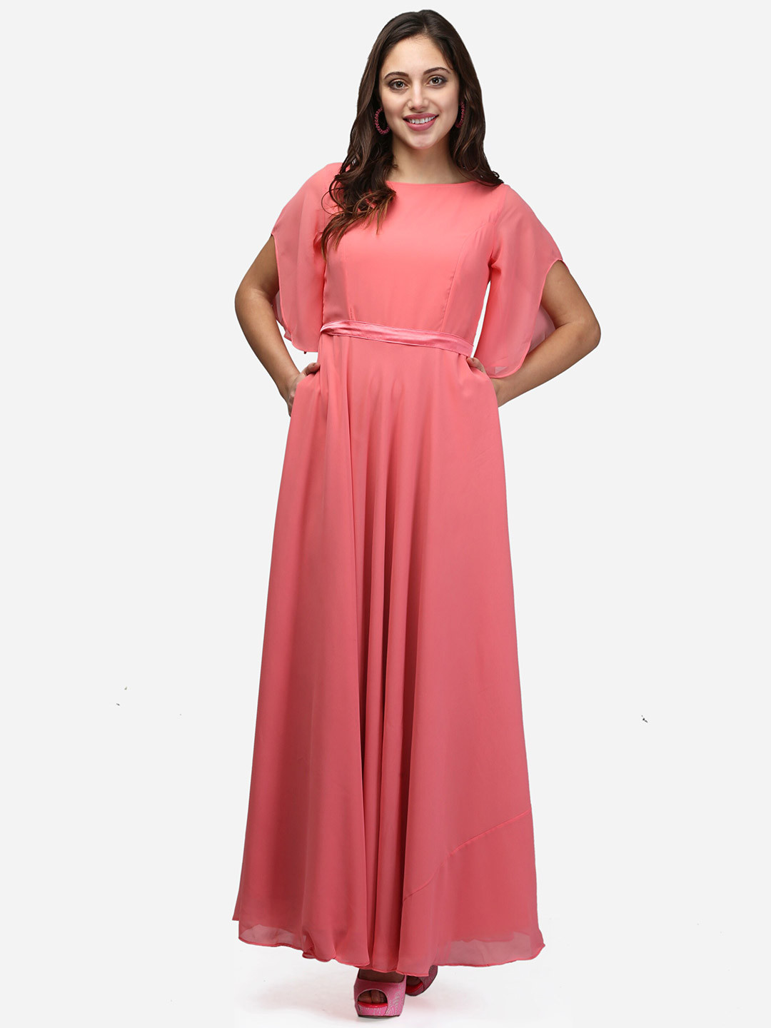 V&M Boat Neck Flared Sleeves Gathered or Pleated maxi dress