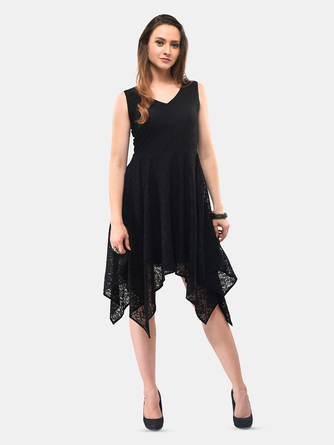 V&M V-Neck self design Lace Fit & Flare Midi Dress