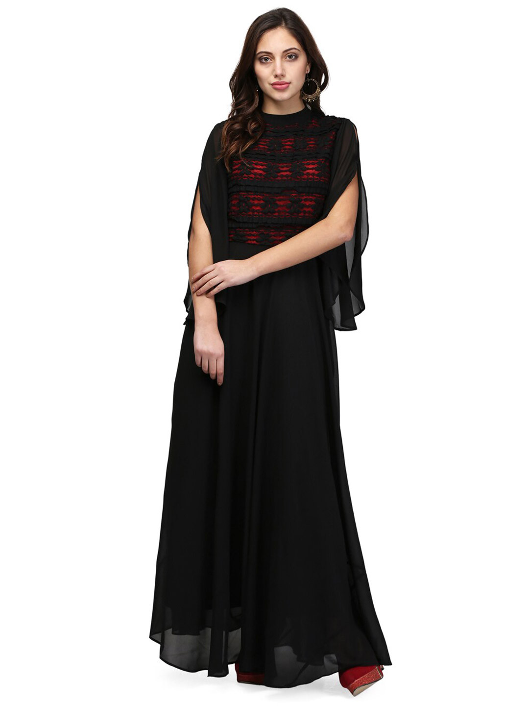 V&M Mock Neck Slit Sleeve  Embellished Maxi Dress