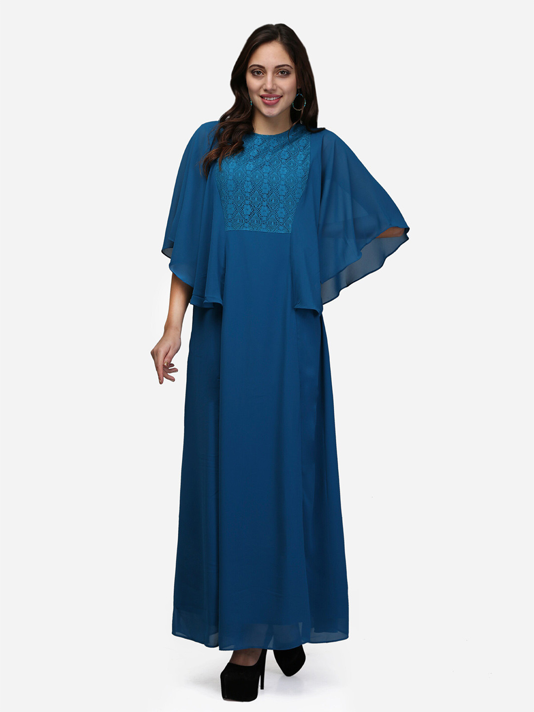 V&M Boat Neck Bell Sleeves curved hem Maxi Dress