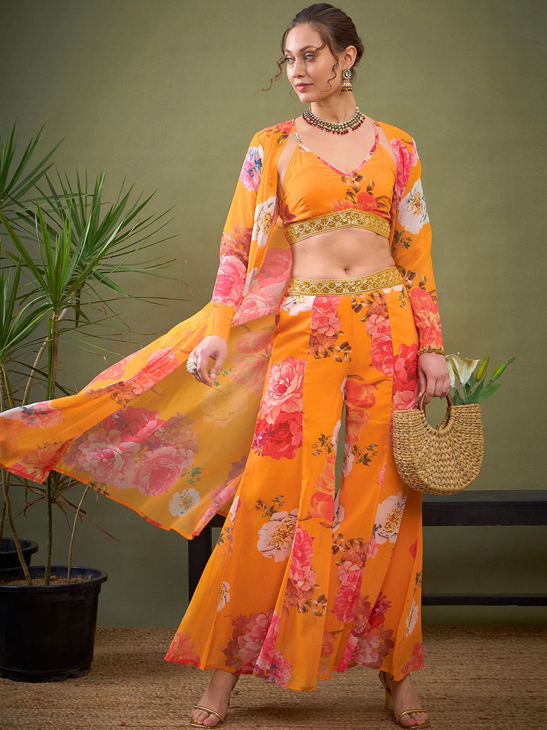 Shae by SASSAFRAS Yellow Floral Printed Crop Top Palazzo With Shrug Co-Ords