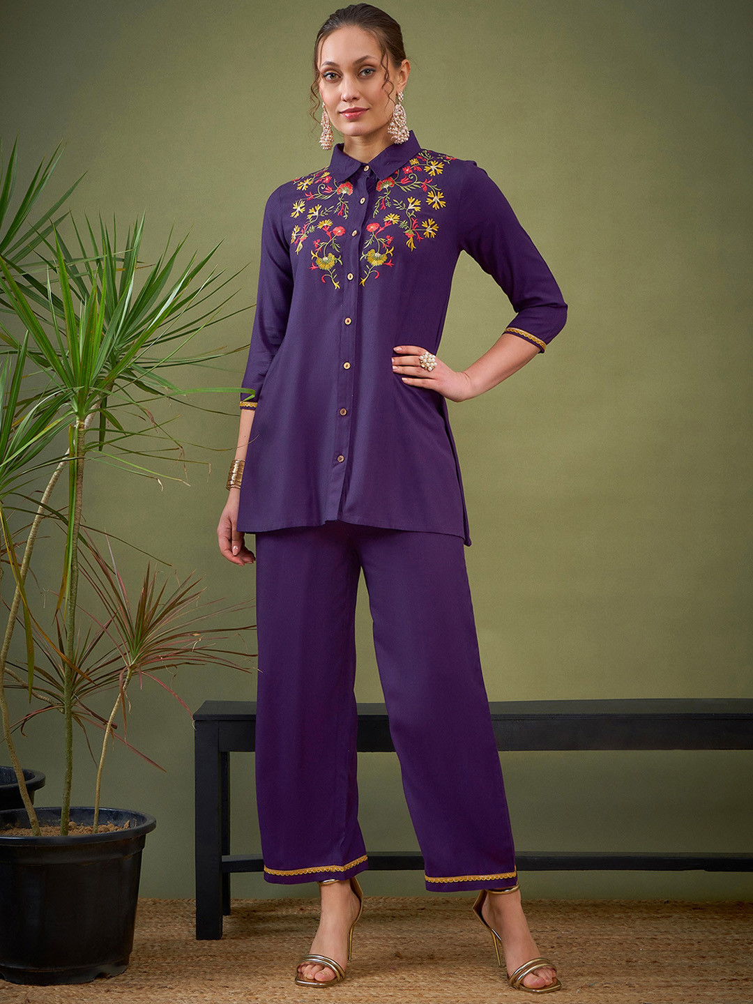 Shae by SASSAFRAS Purple Embroidered Shirt With Palazzos