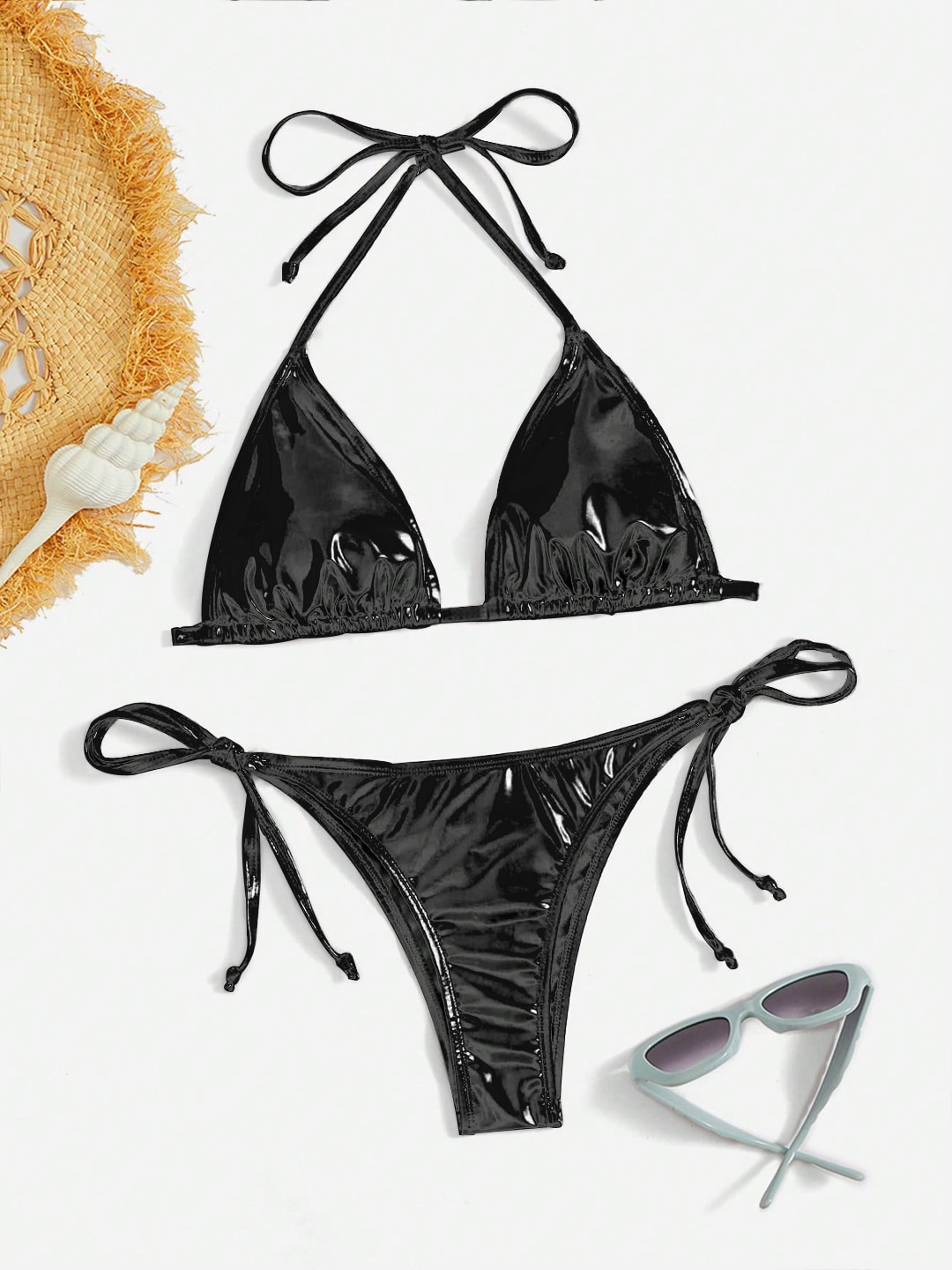 FIMBUL Halter Neck Tie Side Triangle High Cut Swim Bikini Set