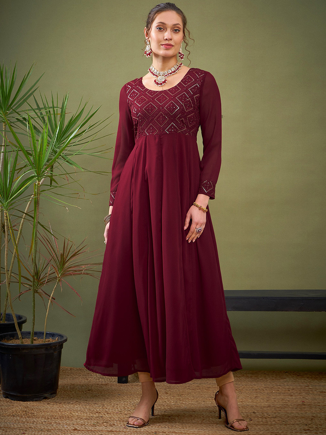 Shae by SASSAFRAS Women Flared Sleeves Summer Sheers Georgette Anarkali Kurta