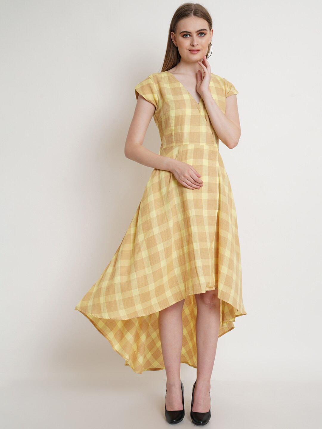 Purple State Checked Printed High-Low Midi Dress