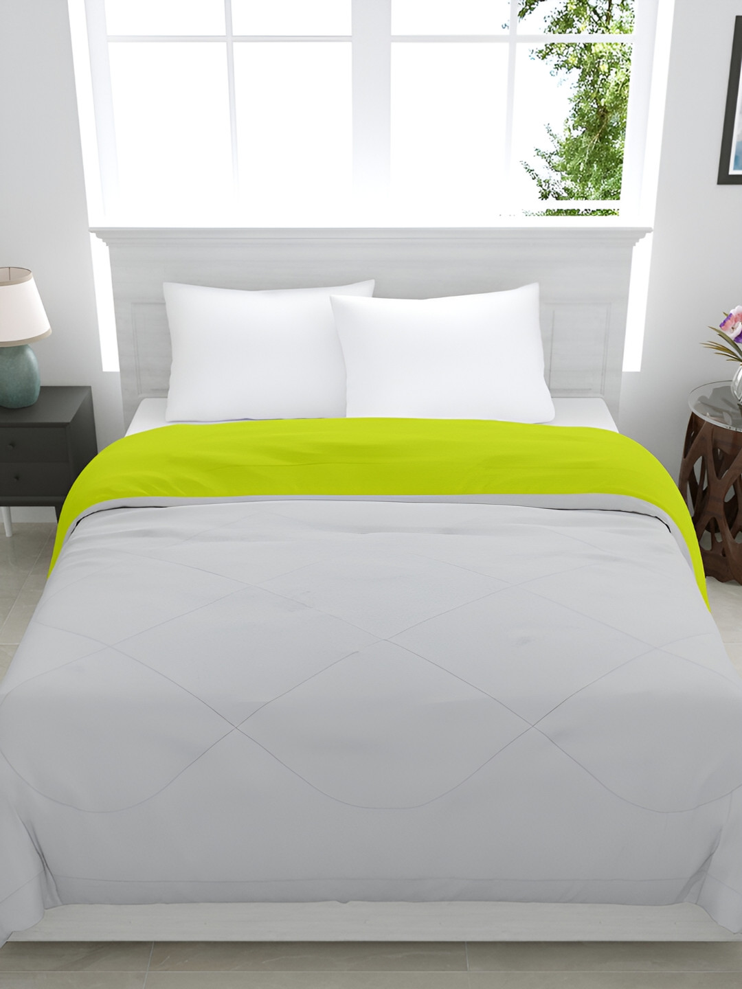 GYT Grey Melange & Lime Green Microfiber Mild Winter Single Bed Comforter