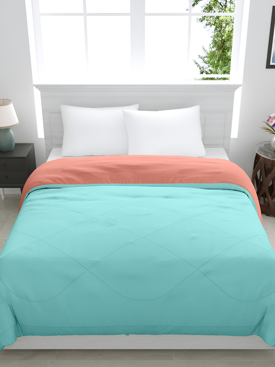 GYT Turquoise Blue & Peach-Coloured Microfiber Mild Winter Single Bed Comforter