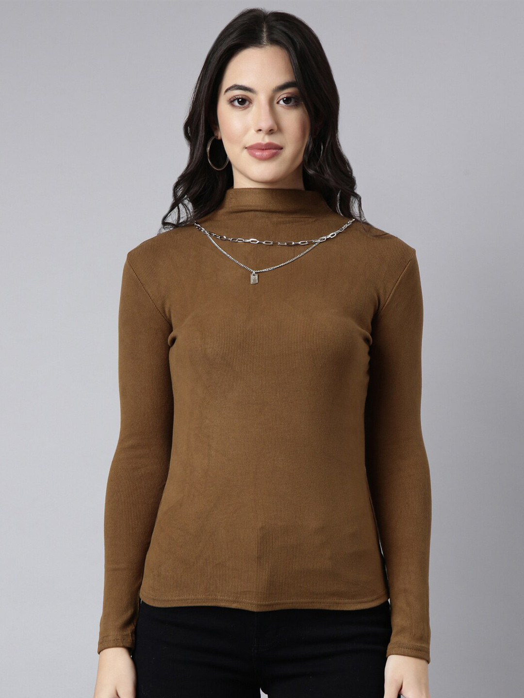 SHOWOFF High Neck Long Sleeves Velvet Top With Chain