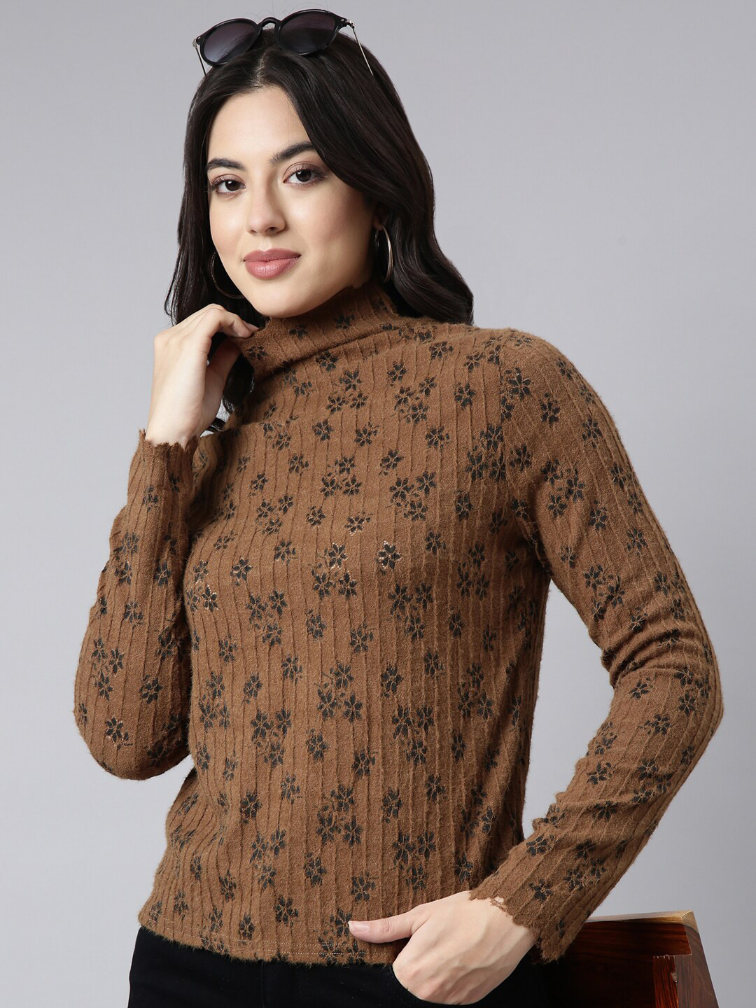 SHOWOFFFF Floral Printed Acrylic High Neck Knitted Top