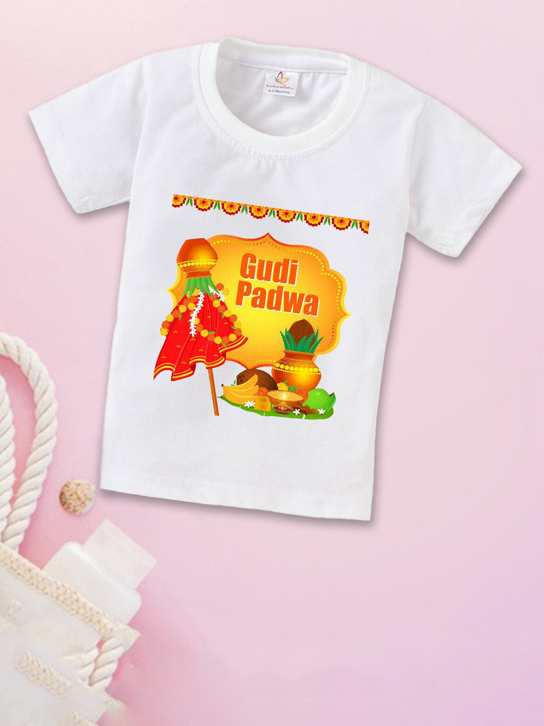 Babywish Kids Gudi Padwa Printed Round Neck Short Sleeves Cotton Relaxed Fit T-shirt