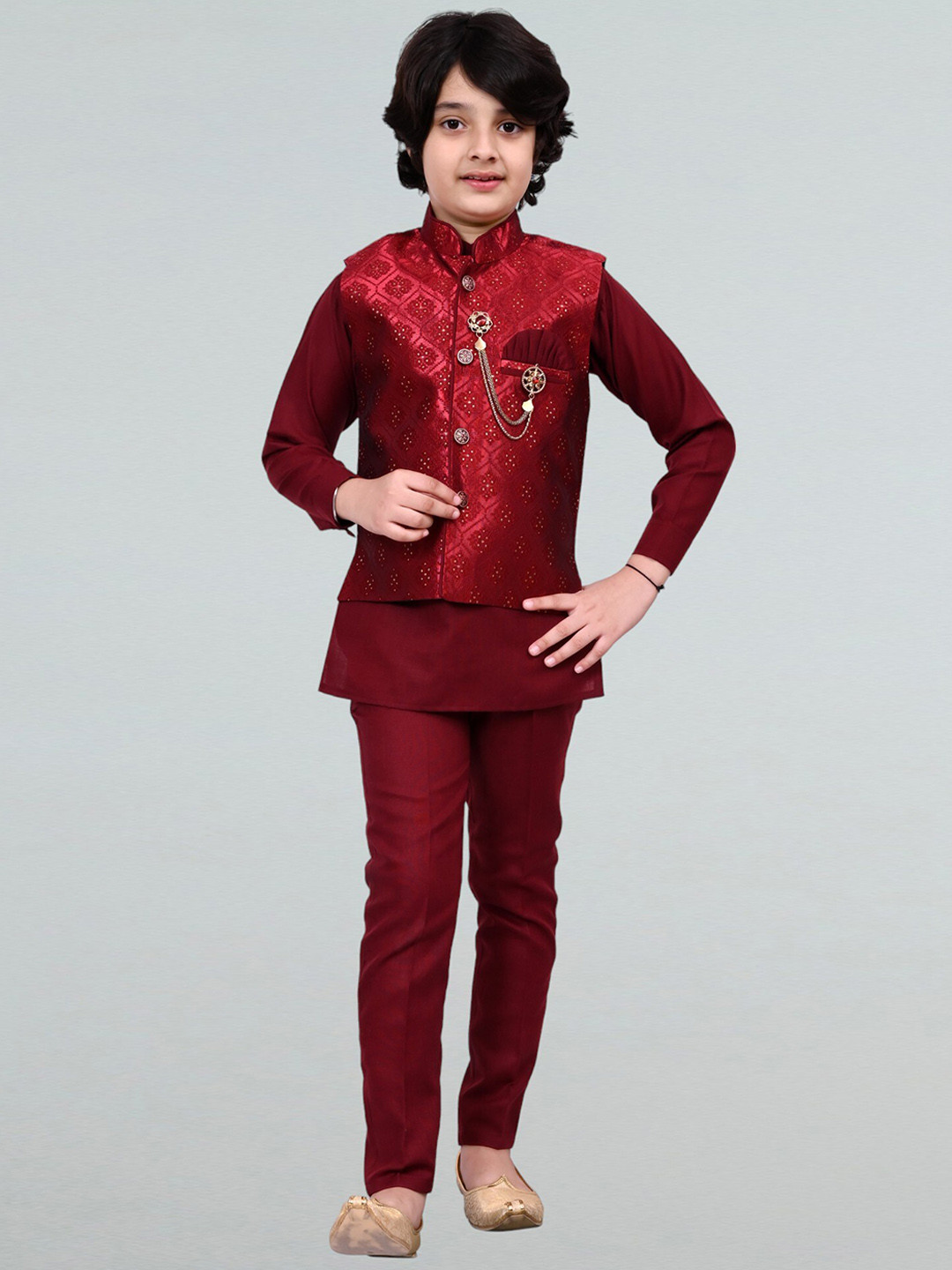 BT DEZINES Boys Regular Mandarin Collar Straight Kurta with Trouser With Jacket Set