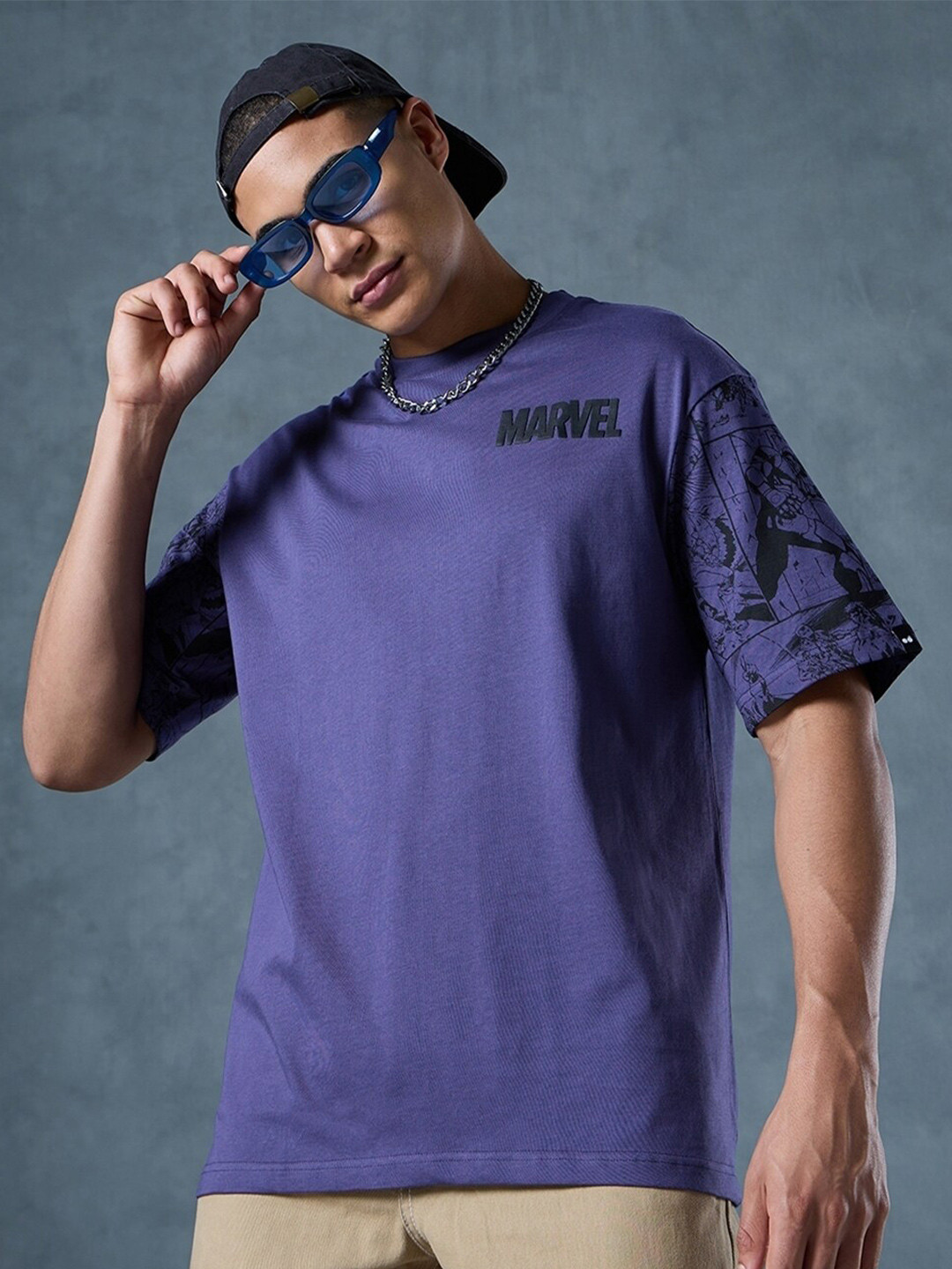 Bewakoof Blue Marvel Printed Round Neck Short Sleeves Cotton Oversized T-shirt