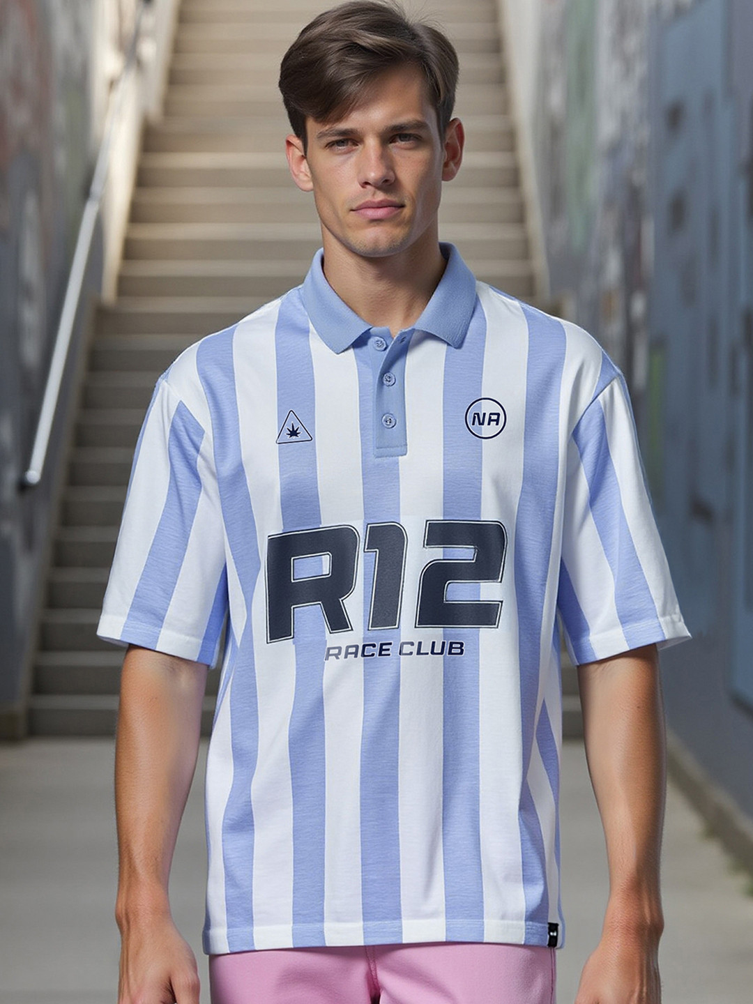 Bewakoof White R12 Race Club Striped Polo Collar Short Sleeves Cotton Oversized T-shirt