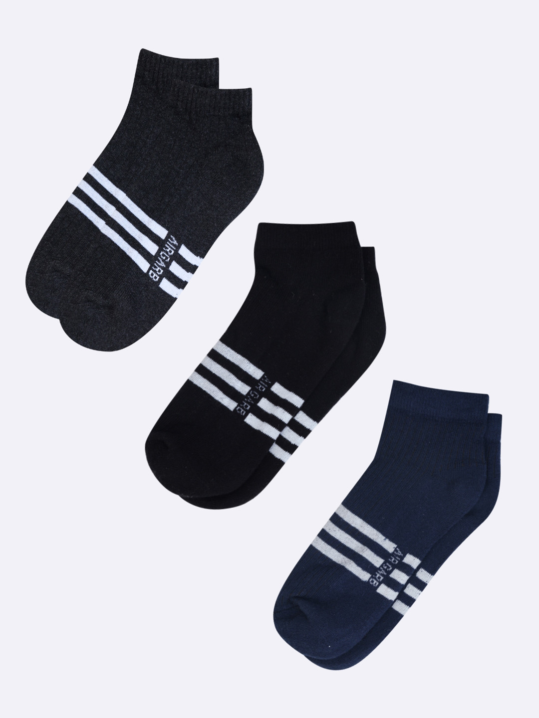 AIR GARB Pack of 3  Melange and Black and Blue Low Ankle  with Striped Pattern Socks