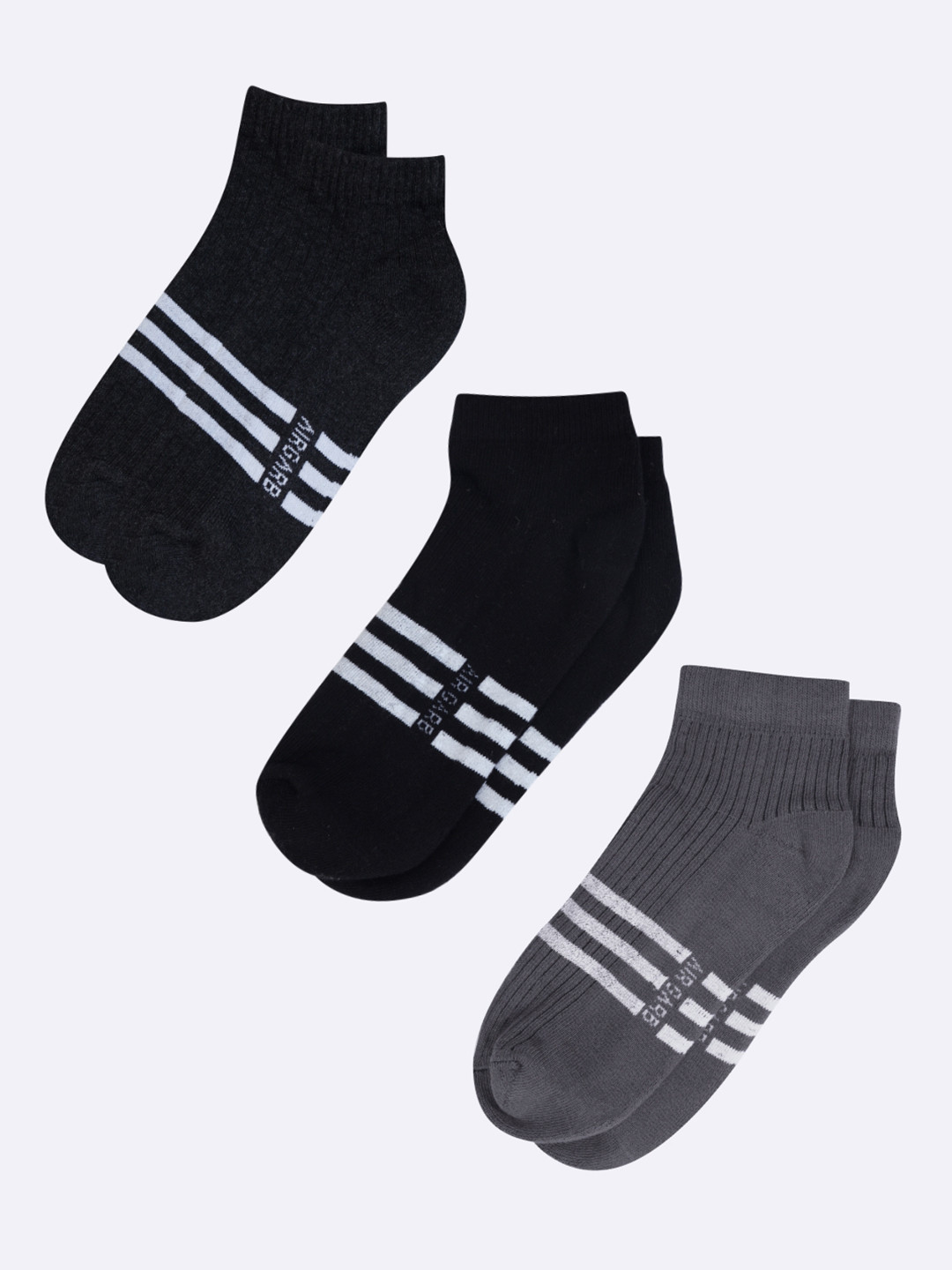 AIR GARB Pack of 3 Melange and Black and Ash Low Ankle  with Striped Pattern Socks