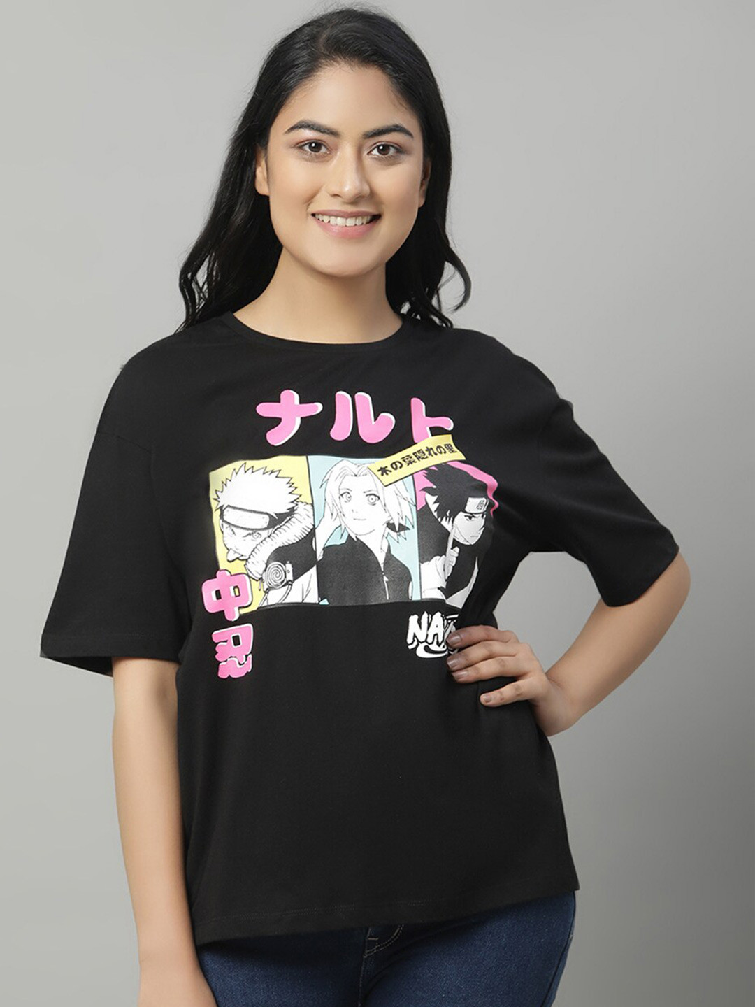Free Authority Naruto Anime Printed Drop Shoulder Sleeves Cotton Oversized T-Shirt