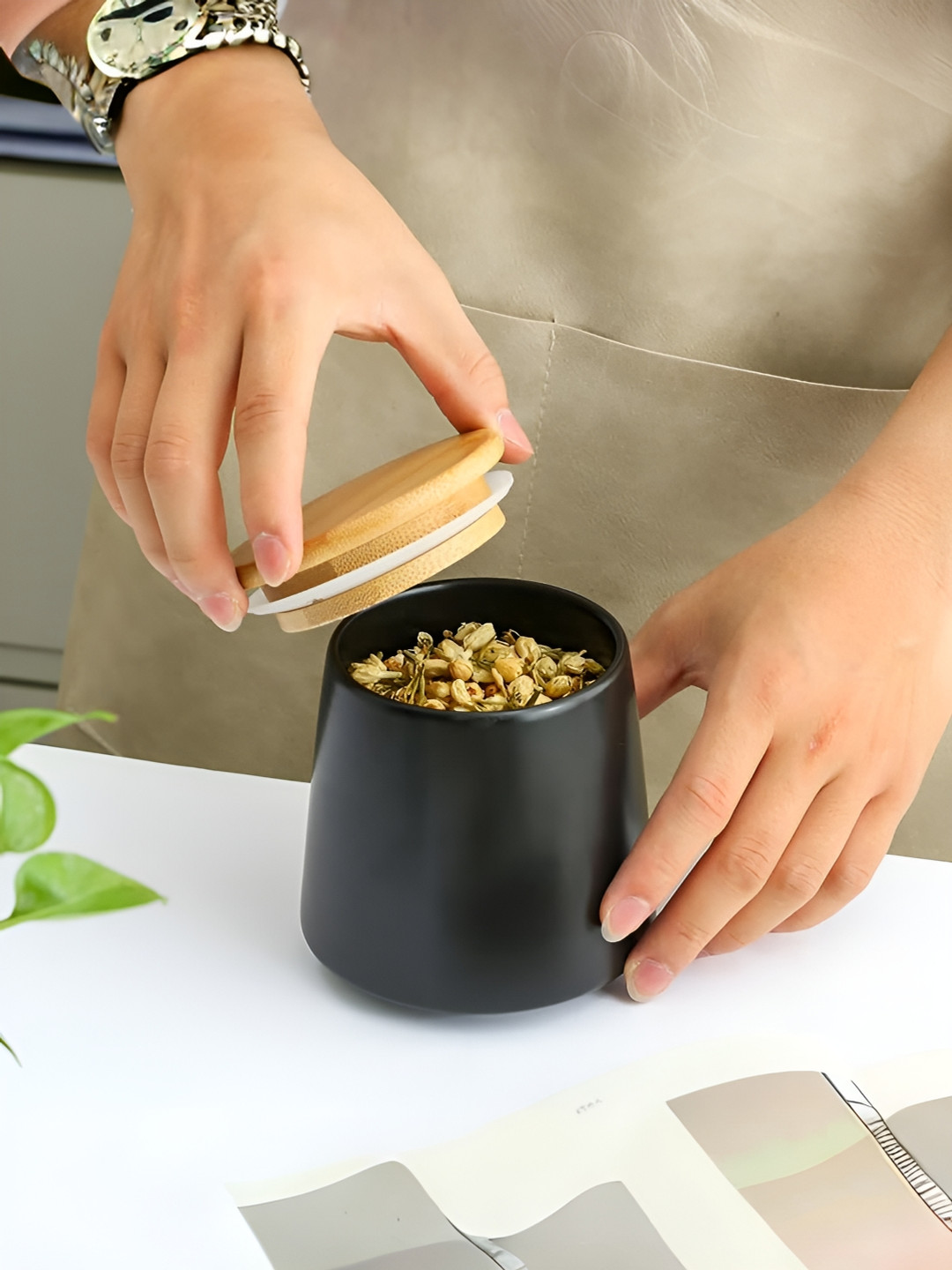 The Better Home Black Ceramic Microwave Safe Flip Top Jar-700ml