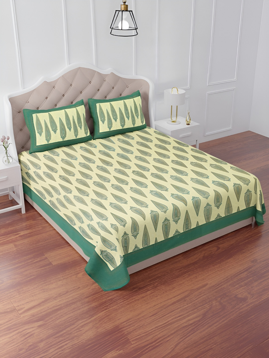 The Craft Monk Green Floral Cotton 240 TC King Fine Bedsheet with 2 Pillow Covers-108 x 90 inches