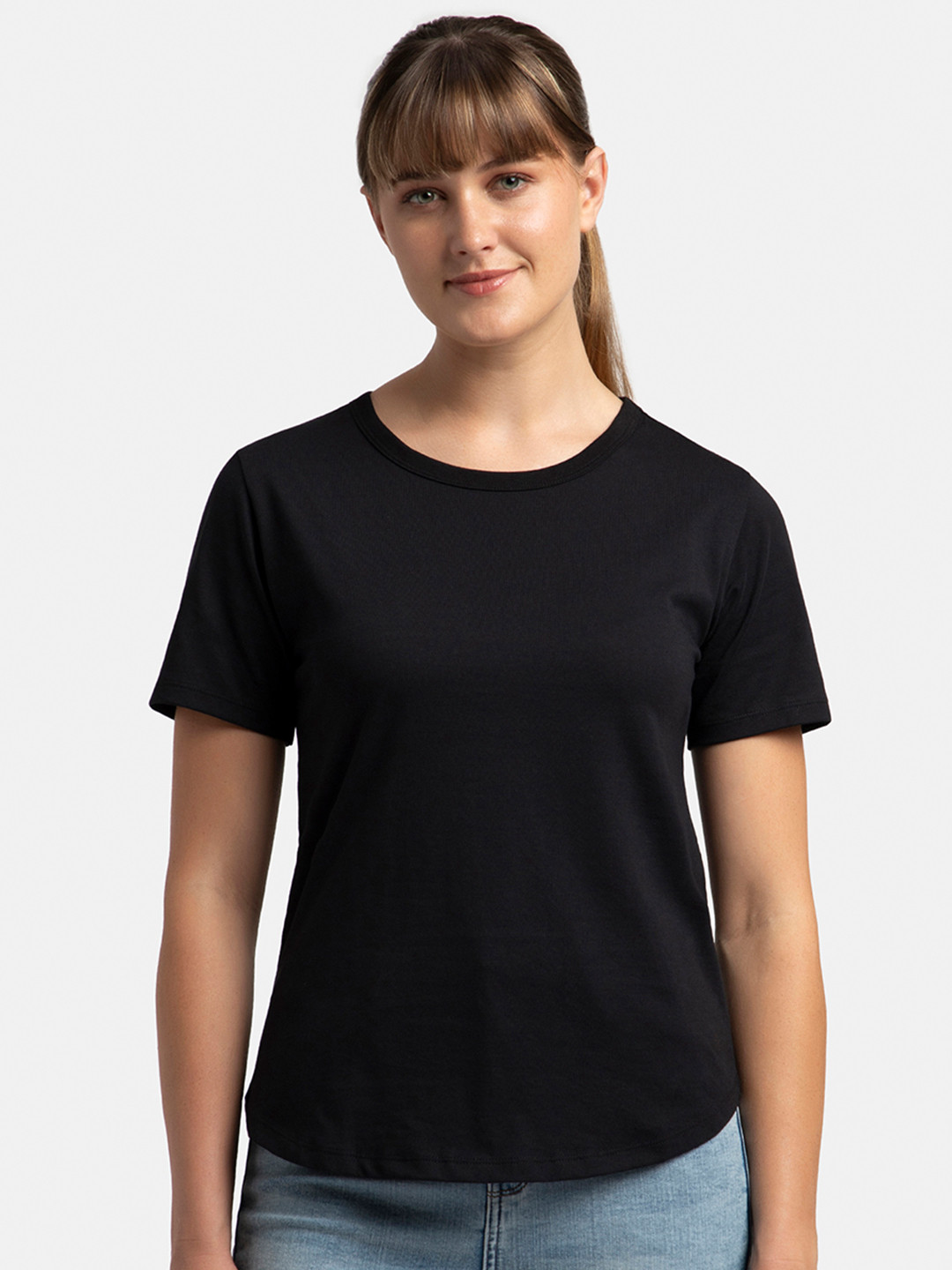 Jockey Super Combed Cotton Relaxed Fit Solid Curved Hem Styled Half Sleeve Tshirt-AW88