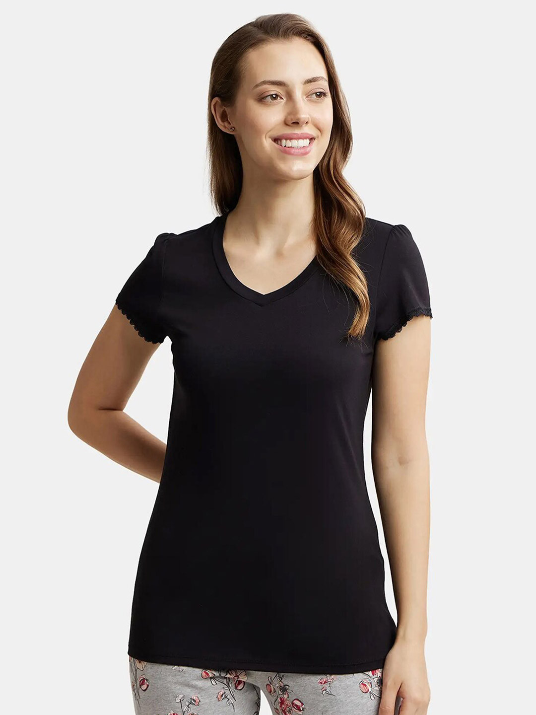 Jockey Micro Modal Cotton Relaxed Fit Solid V Neck Half Sleeve Tshirt-RX12