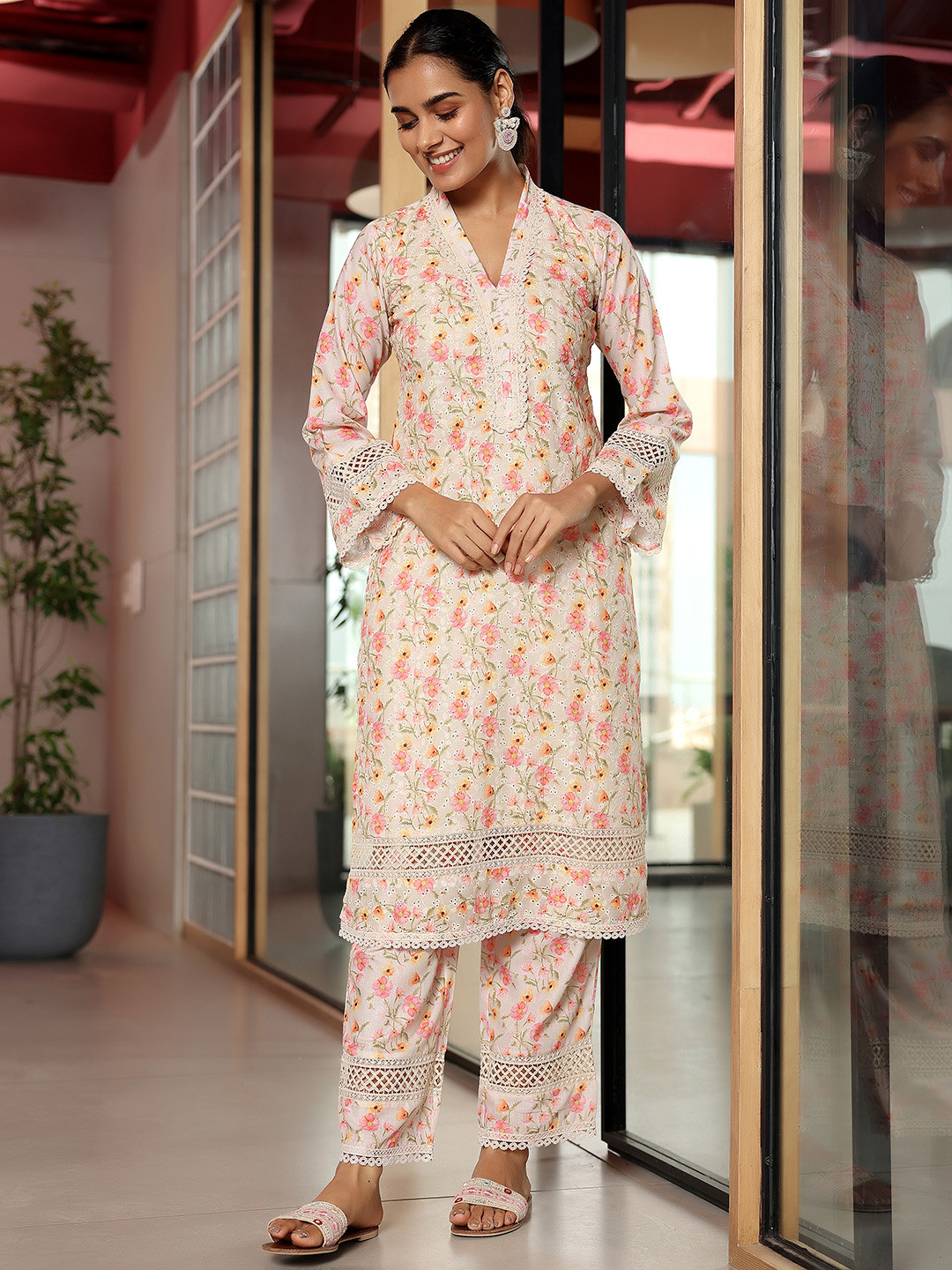 Libas Beige Floral Printed Lace Details Straight Kurta With Palazzos