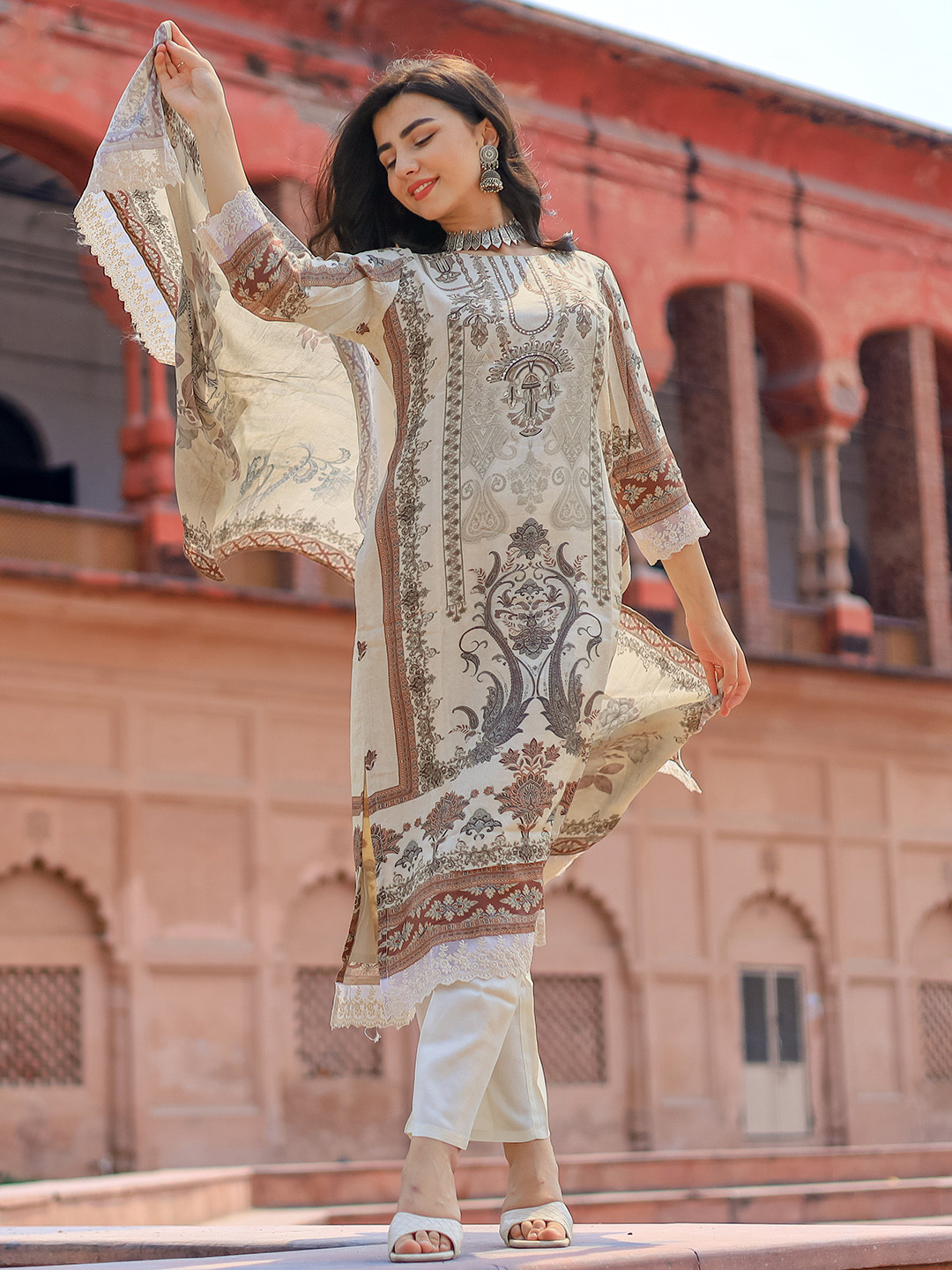 Libas Beige Printed Ethnic Motifs Sequinned Straight Kurta With Palazzos & Dupatta