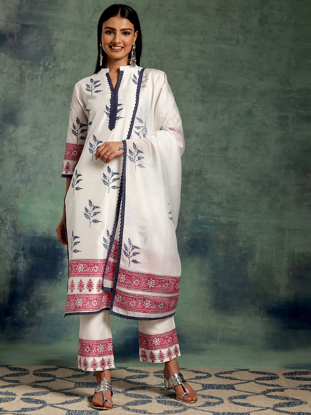 Libas White Floral Printed Gotta Patti Straight Kurta With Trousers & Dupatta