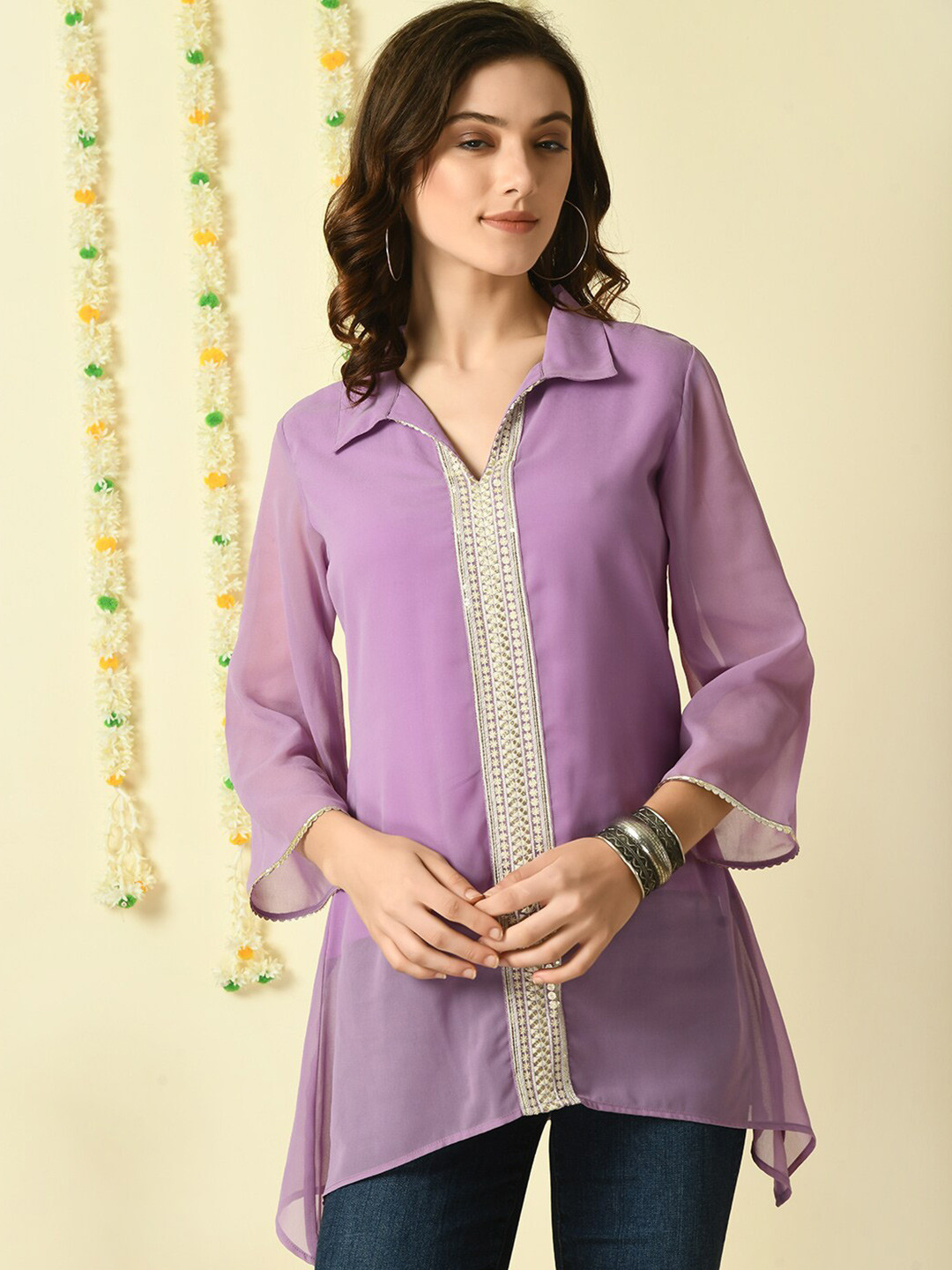 KALINI Georgette Embroidered Shirt Style Longline Top