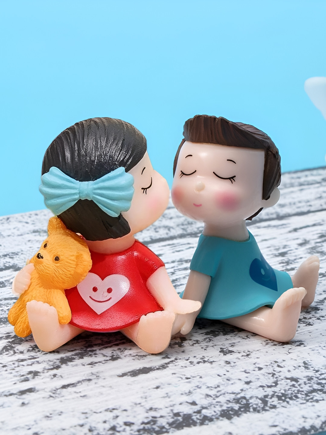 Ascension Romantic Kissing Couple Blue Polyresin Matte Living Room Set of 2 Tiny Showpieces - 1.7 Inches