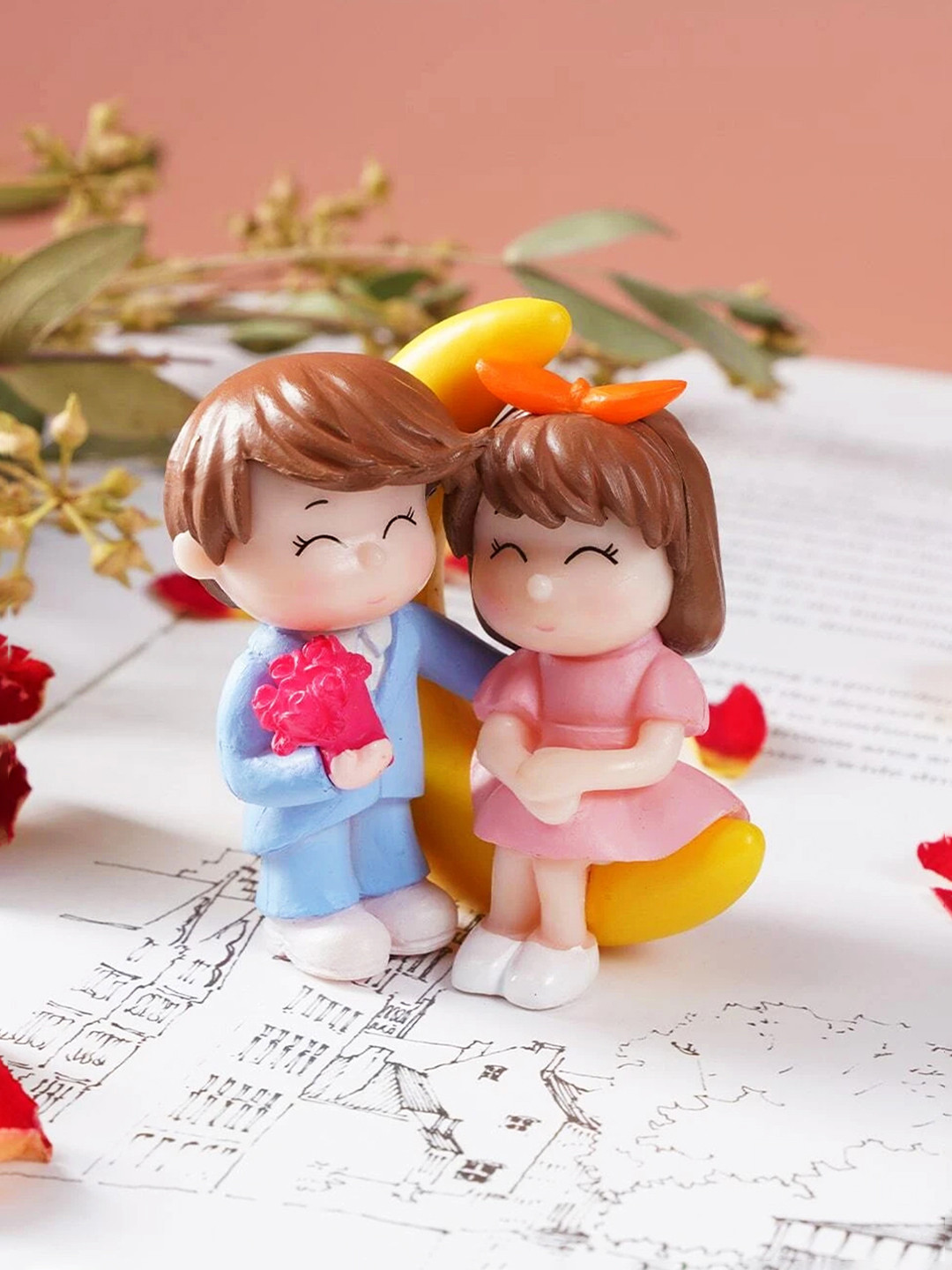 Ascension Cute Couple Miniature Blue Polyresin Matte Garden Small Showpiece - 2.2 Inches