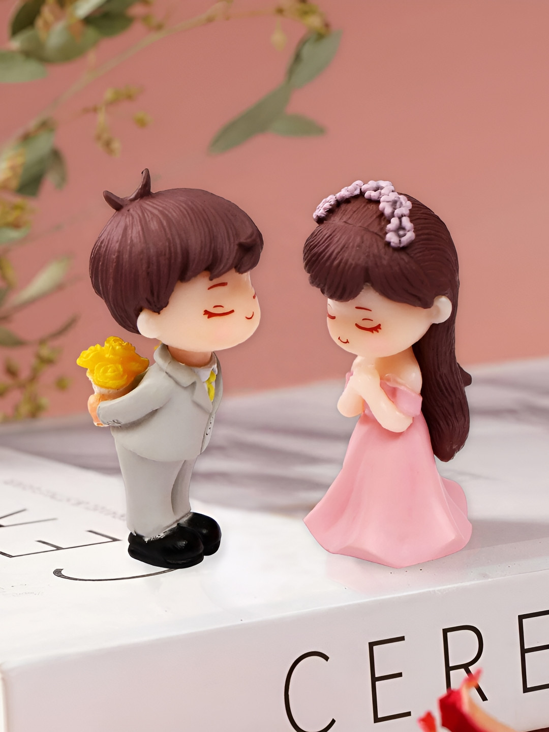 Ascension Cute Couple Pink Polyresin Glossy Home Office Set of 2 Small Showpieces - 2.2 Inches