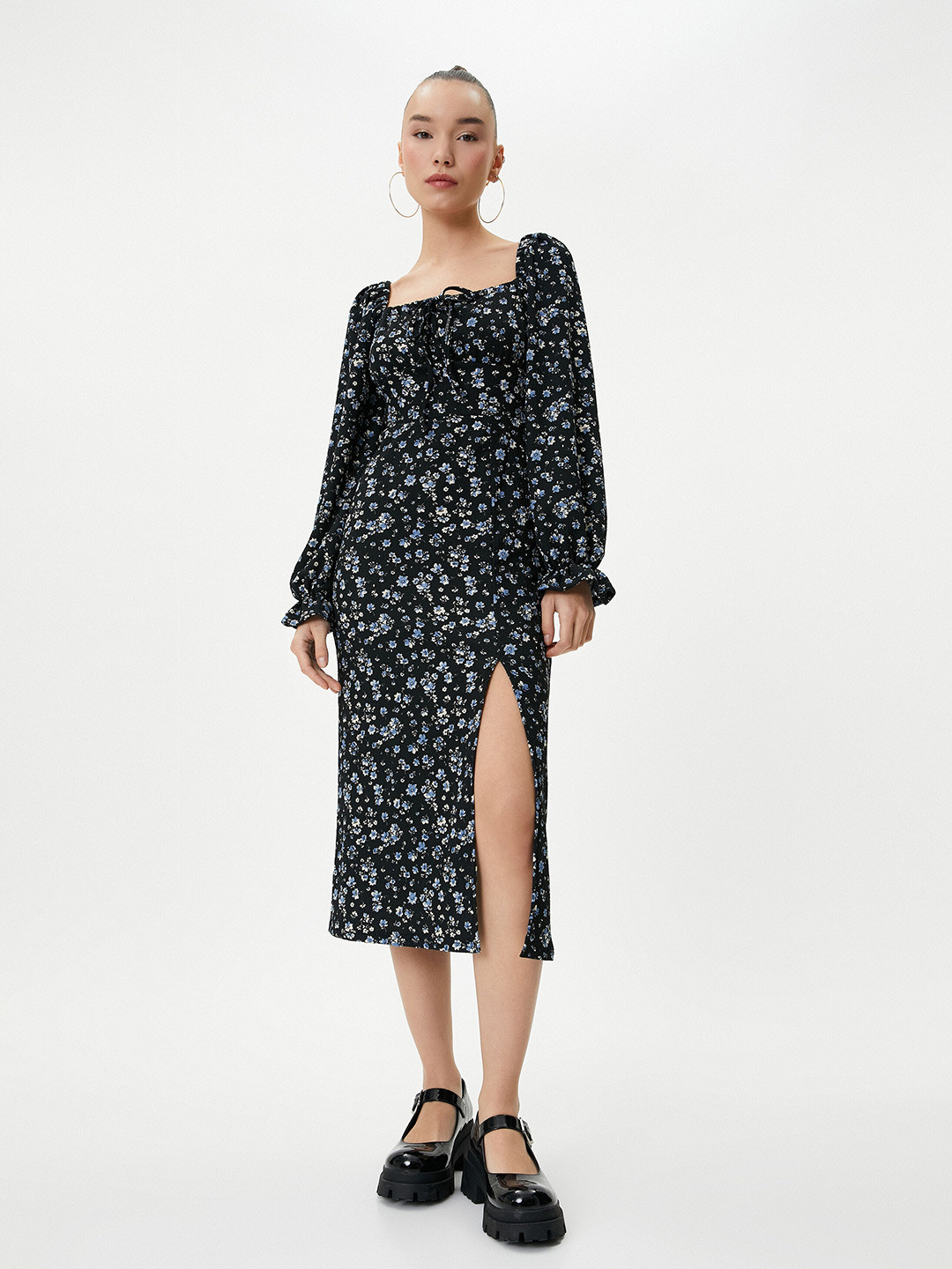 Koton Floral Print Long Sleeves Boat Neck A-Line Dress