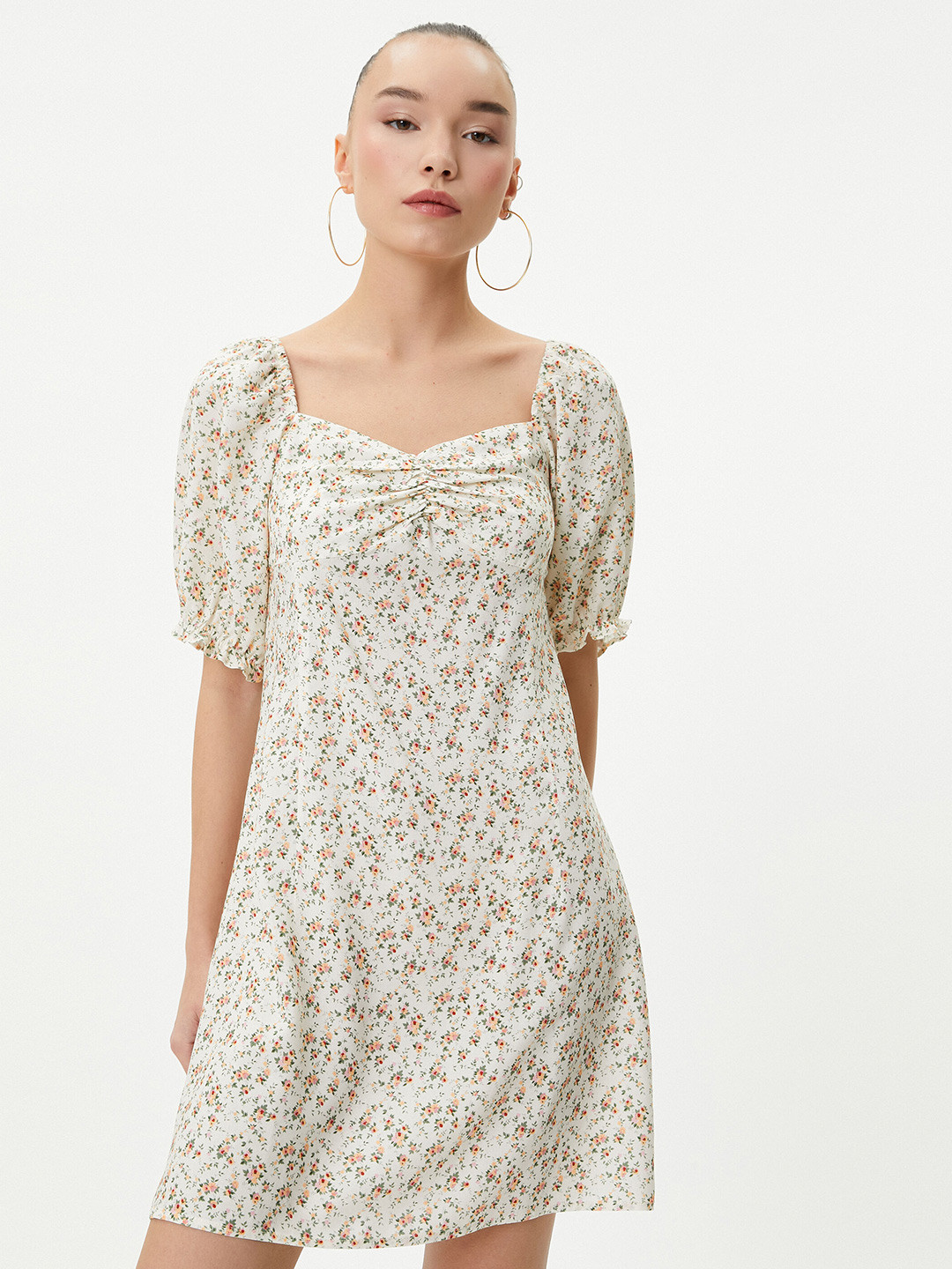 Koton Floral Print Sweetheart Neck A-Line Dress