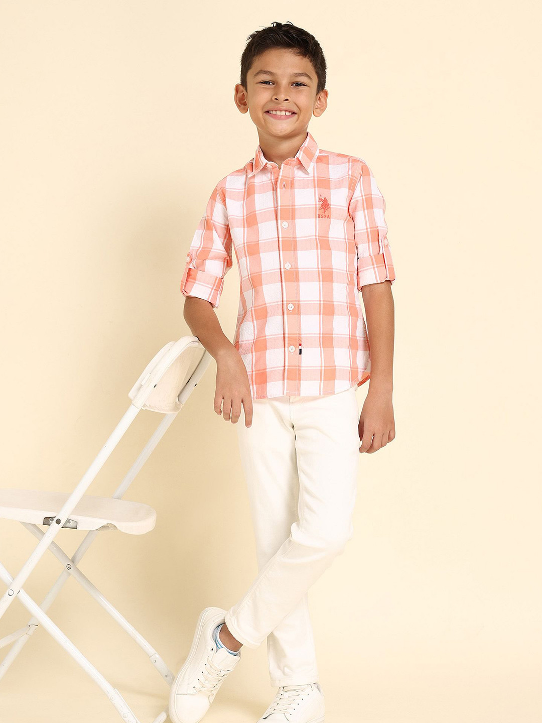 U.S. Polo Assn. Kids Boys Classic Windowpane Checked Spread Collar Seersucker Casual Shirt