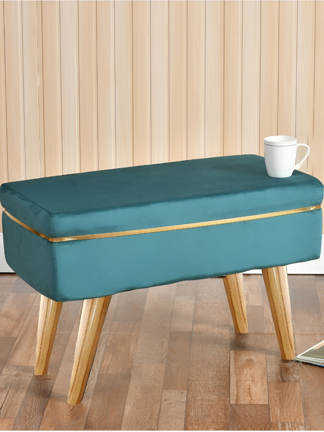 Shadowkart Blue & Beige Wooden Rectangle Shaped Pouffes Sitting Mudda Ottomans