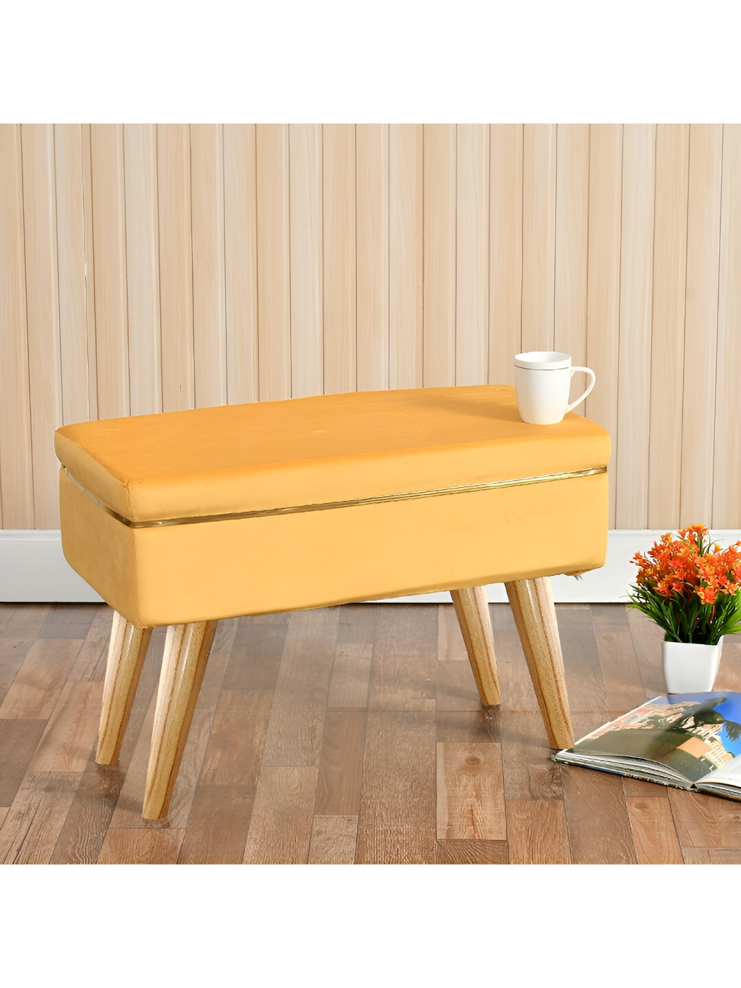 Shadowkart Mustard Wooden Rectangle Shaped Pouffes Sitting Mudda Ottomans