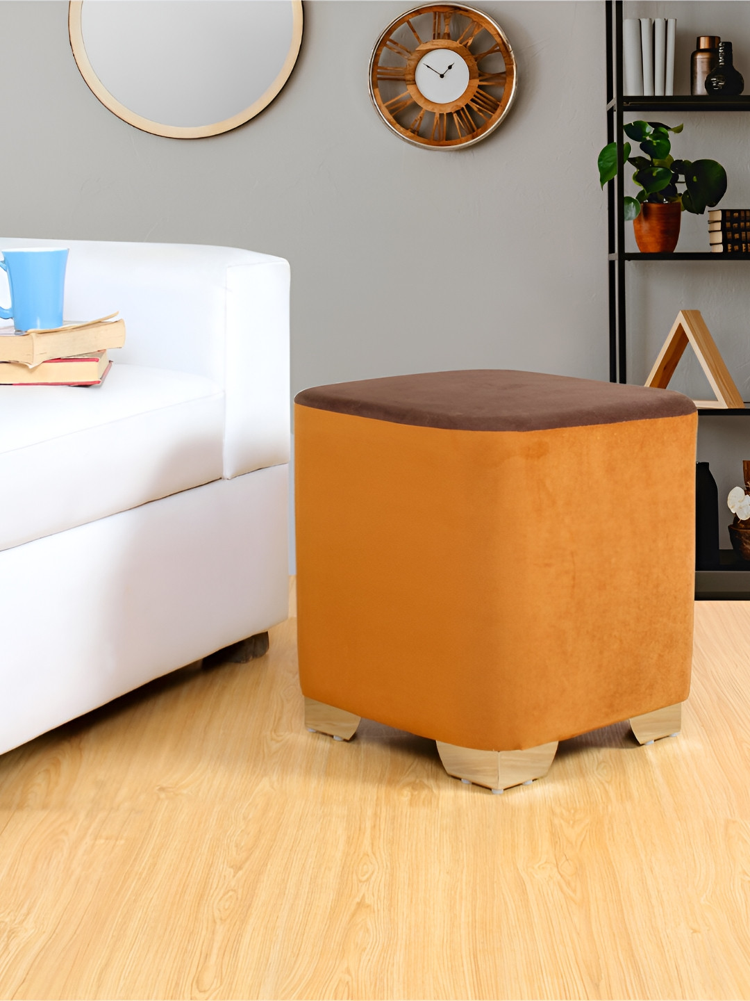 Shadowkart Brown & Mustard Wooden Square Ottoman