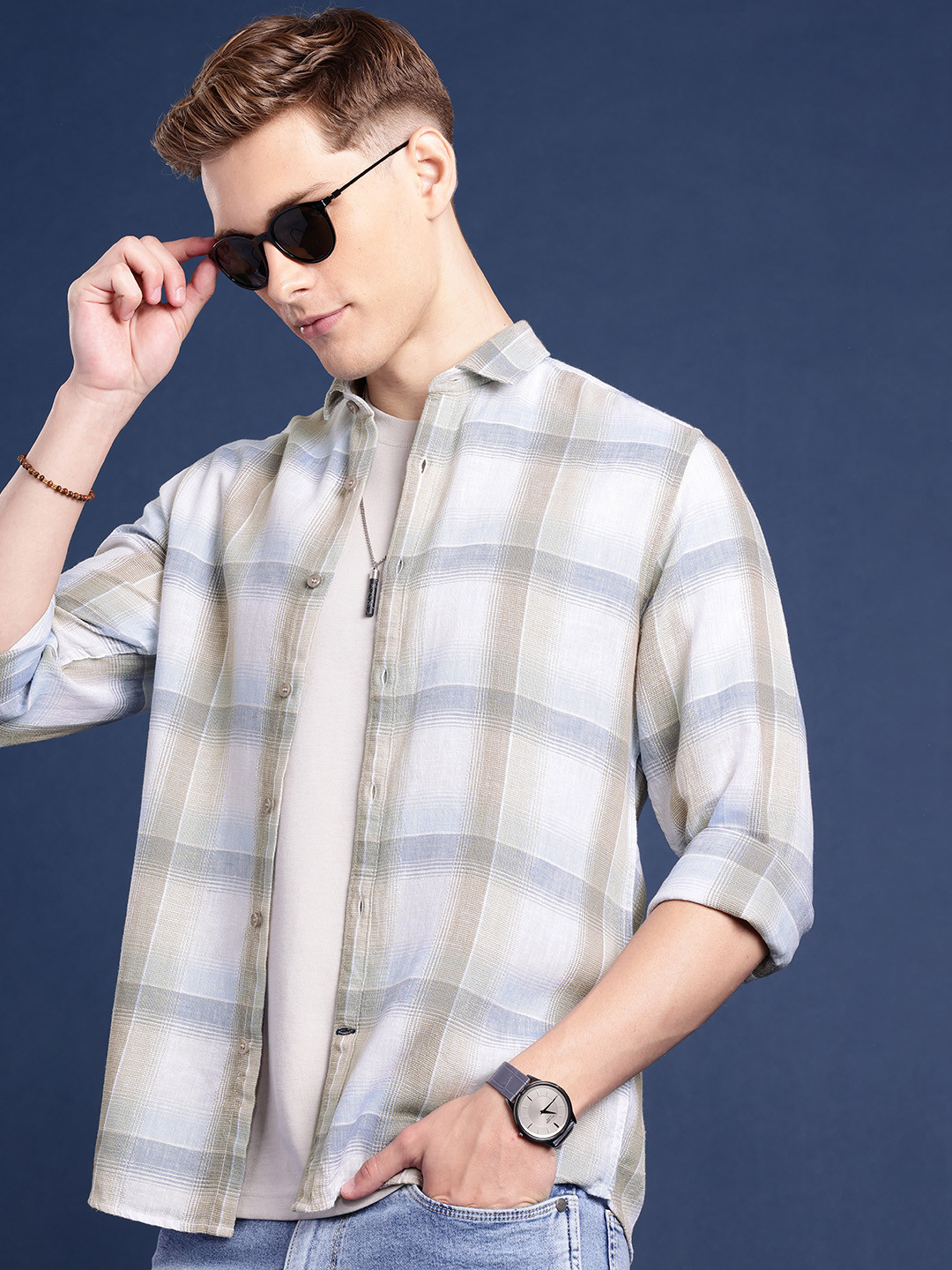 Mast & Harbour Men Standard Lycocell Linen Checked Casual Shirt