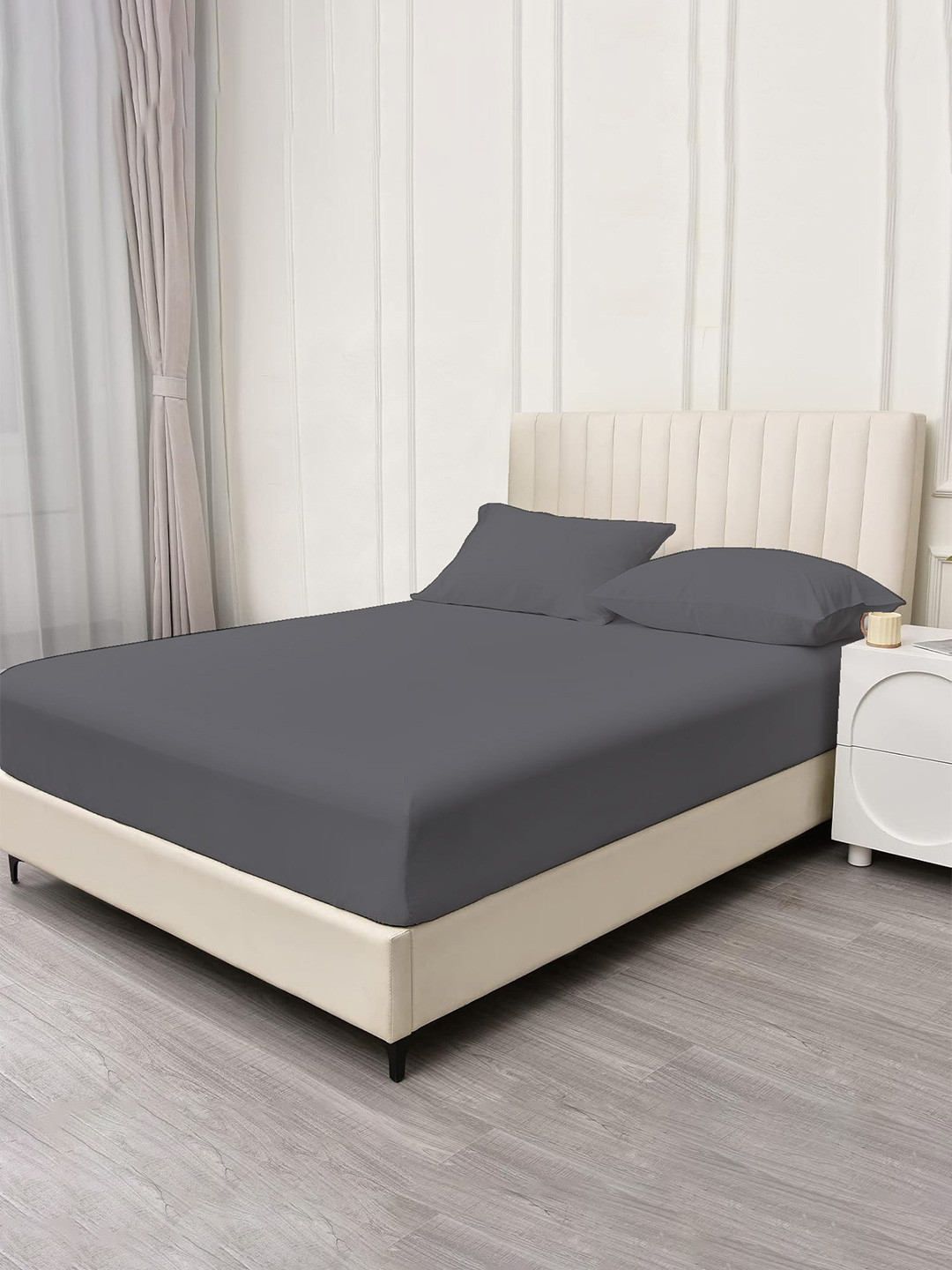 Trance Home Linen Grey Cotton 400 TC Fitted King Superfine Bedsheet with 2 Pillow Covers-78 x 72 inches